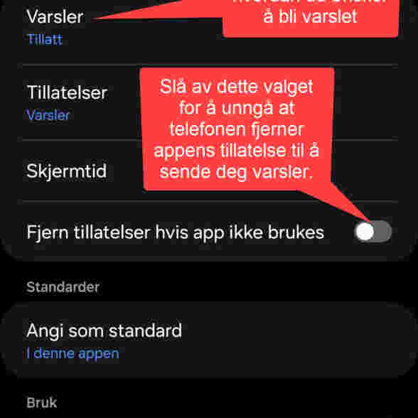 Skjermbilde som viser hvordan du kan slå på varsler fra appen på en androidtelefonen